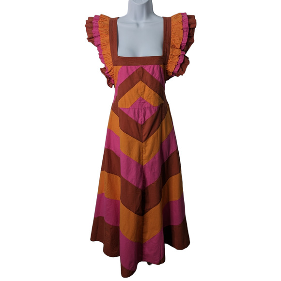 Love the Label Ruffle Strap Colorblock Midi Dress Cotton Pink Orange Medium - Picture 2 of 11
